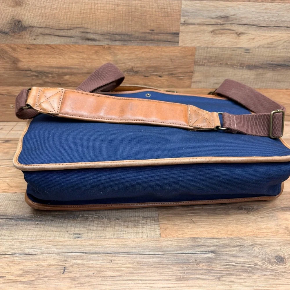 L.L. Bean Canvas Blue Travel Briefcase Shoulder Leather Dowel Rod Bag